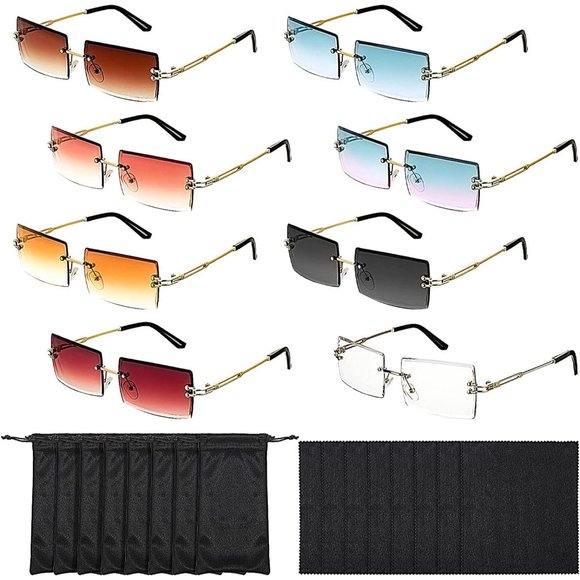 New 8 Sets Rimless Rectangle Sunglasses Vintage Transparent Rectangle Gl… - Picture 1 of 7